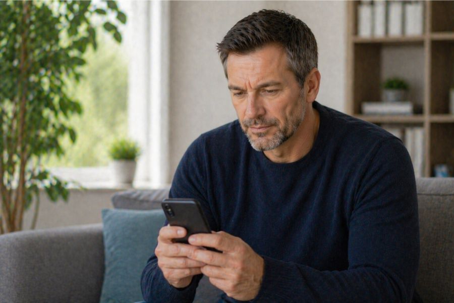 uomo adulto che legge opinioni su integratori per prestazioni maschili