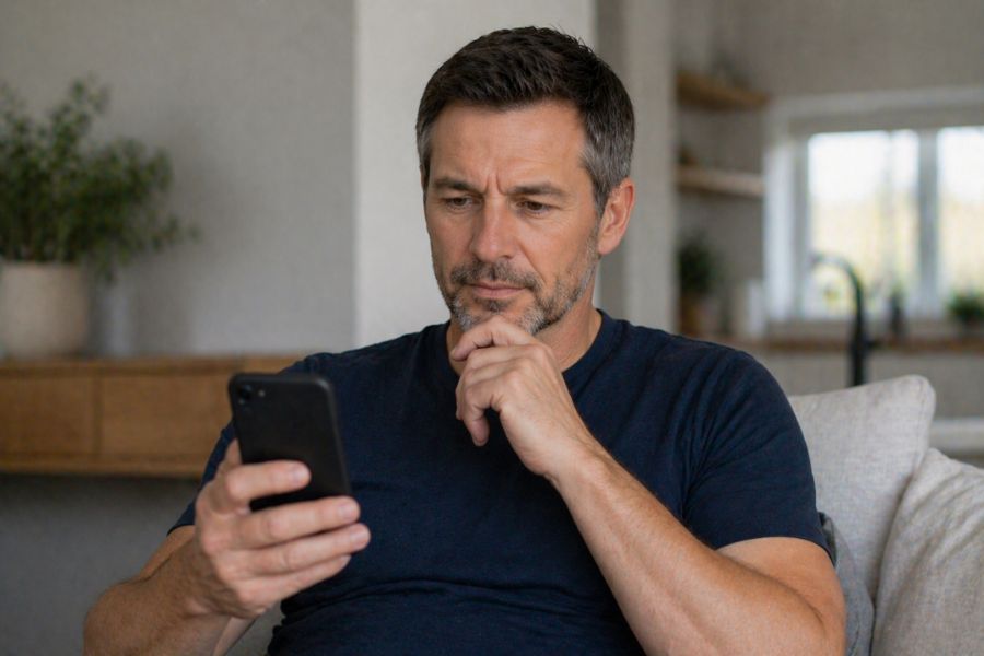 uomo adulto che legge recensioni online su integratori per la prostata