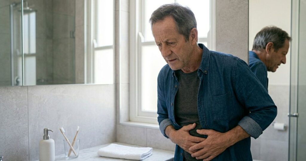 uomo con sintomi alla prostata in bagno