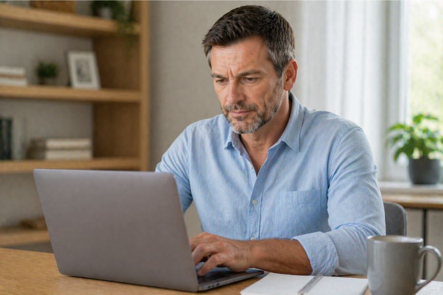 uomo adulto che cerca informazioni sulla salute della prostata online