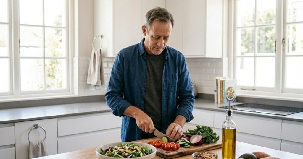 uomo che prepara cibo sano per la salute della prostata