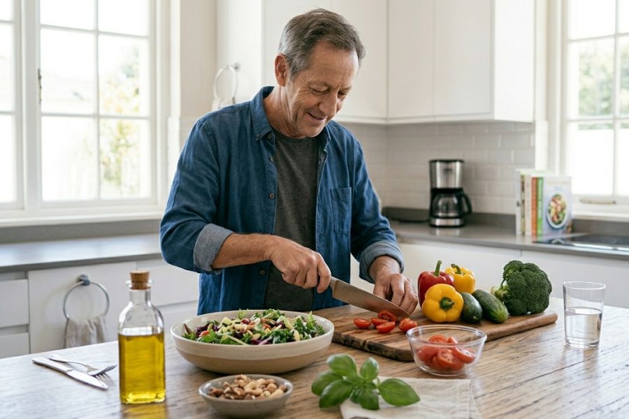 alimentazione sana con verdure e olio d'oliva per la salute della prostata