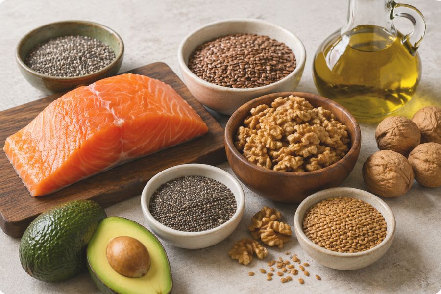 Alimenti ricchi di omega 3 come salmone, noci, semi di lino e avocado su superficie neutra