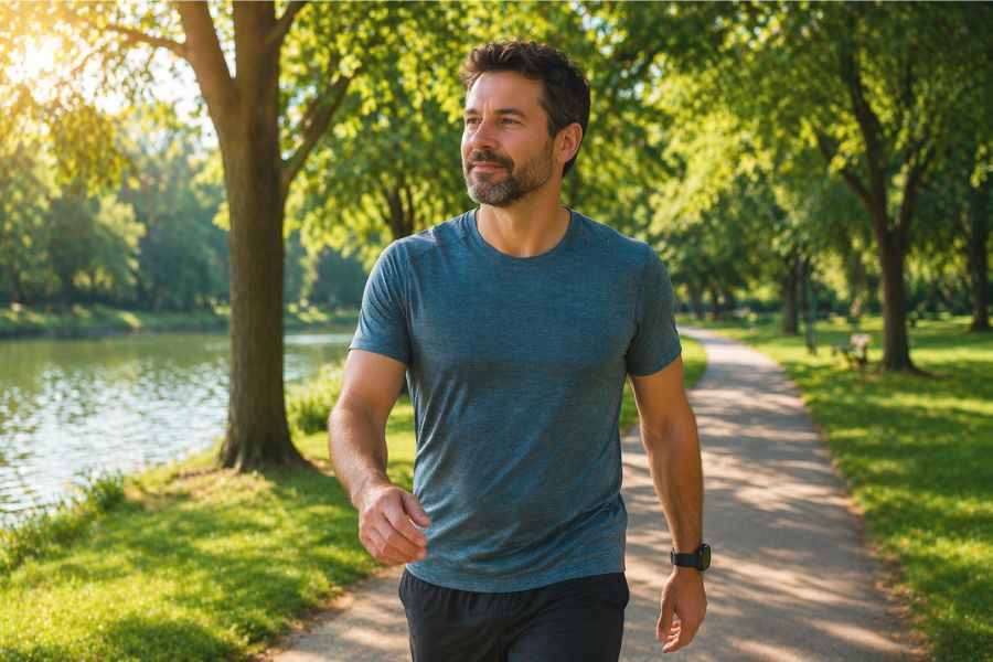 Uomo che cammina all’aperto come parte di uno stile di vita sano per migliorare il colesterolo alto