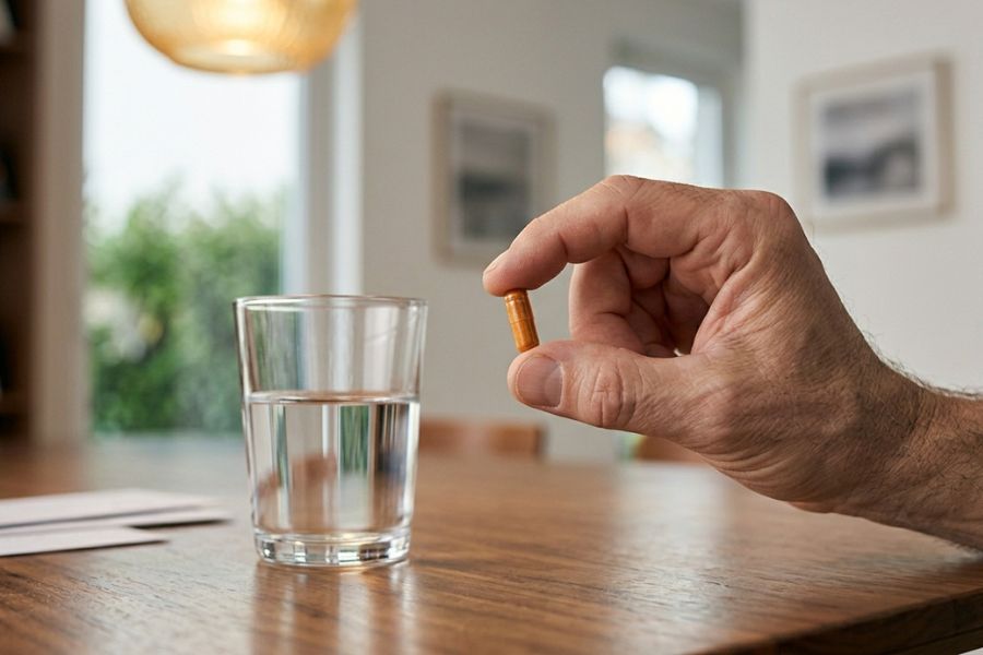 capsula integratore con bicchiere d'acqua