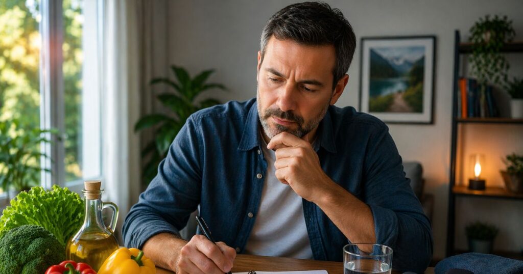 Uomo che pianifica cambiamenti nello stile di vita per gestire il colesterolo alto in modo naturale