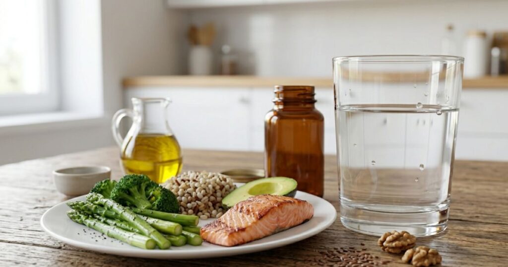 Piatto equilibrato con pesce, verdure e cereali integrali utile per chi ha il colesterolo alto
