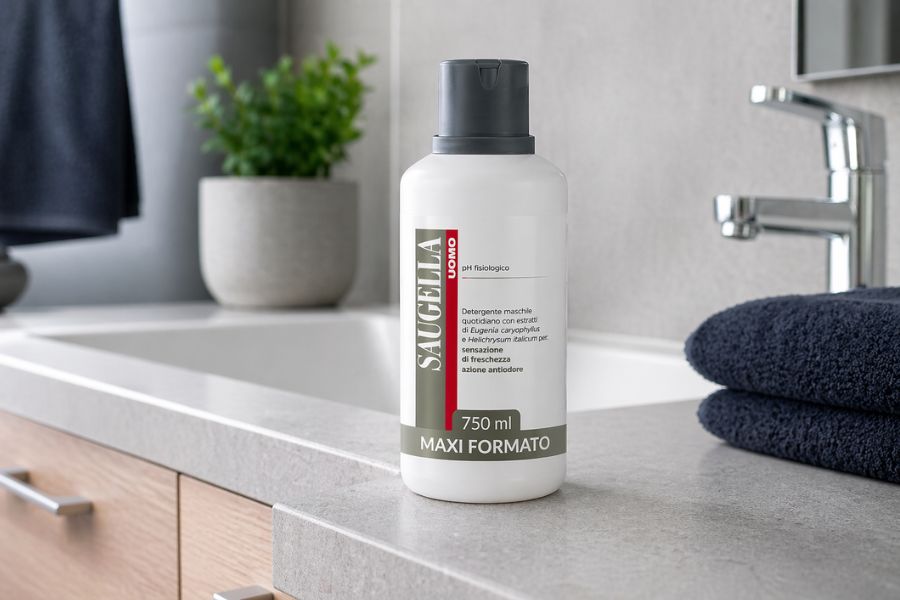 Detergente intimo maschile Saugella Uomo posizionato su un lavandino in bagno per uso quotidiano