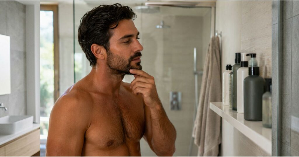 uomo sceglie detergente intimo maschile in bagno