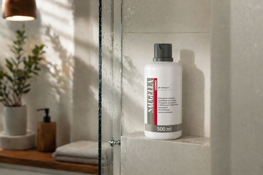 detergente intimo maschile flacone in bagno moderno