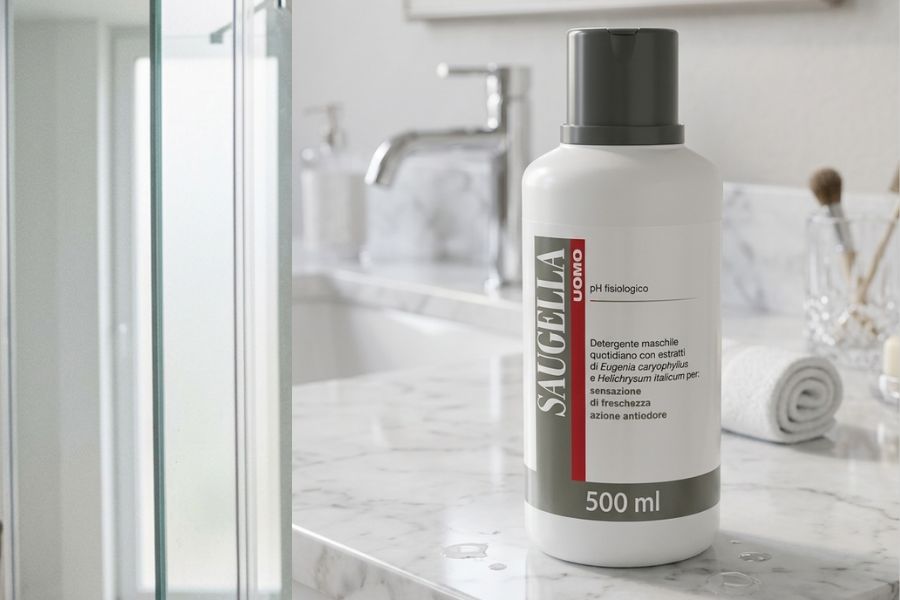 detergente intimo maschile flacone in bagno