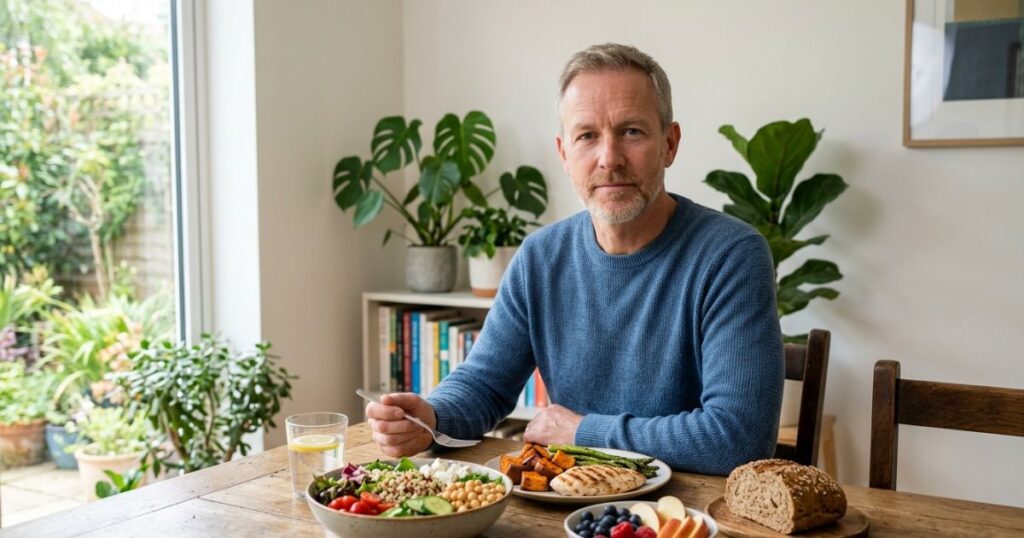 uomo adulto con alimentazione sana per incontinenza