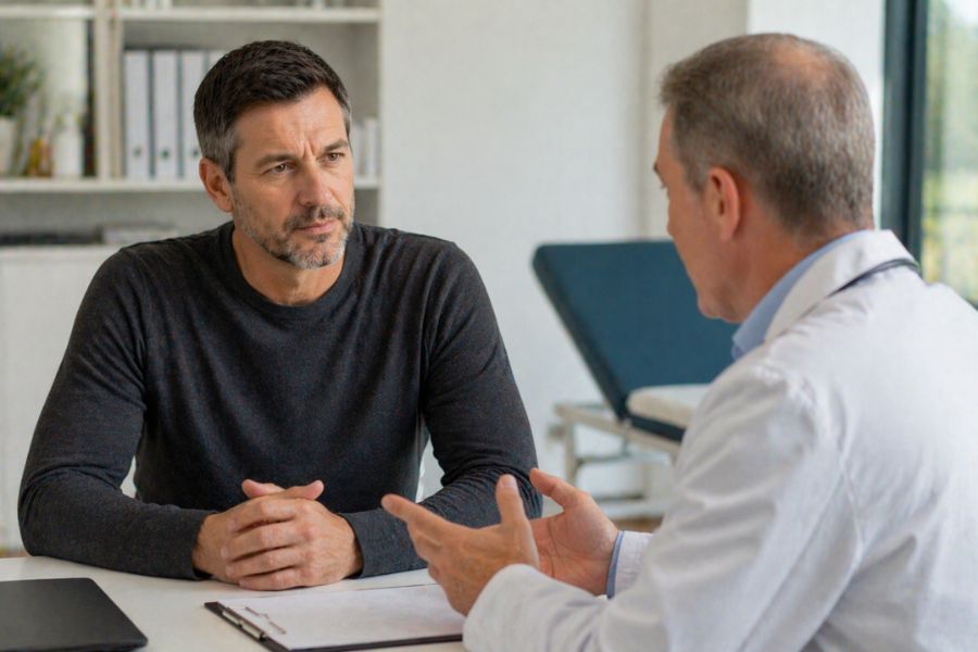 uomo adulto durante consulto medico per problemi alla prostata