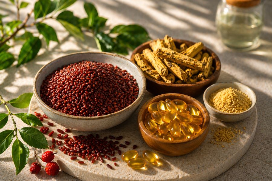 Ingredienti di ArmoLipid Plus con riso rosso fermentato, berberina e coenzima Q10 in composizione naturale