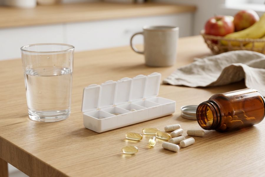 Capsule di integratori per il colesterolo su un tavolo con bicchiere d’acqua e organizer settimanale