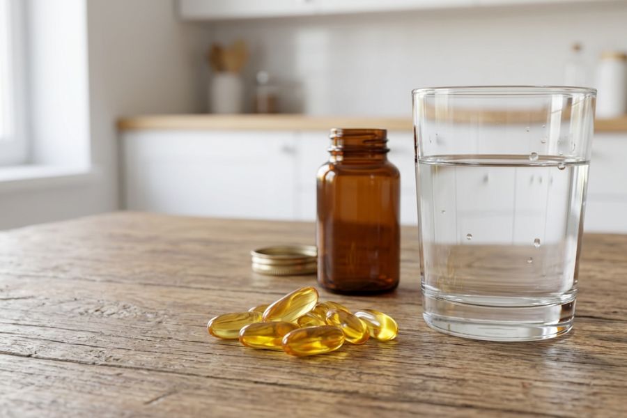 Capsule di omega 3 su un tavolo con bicchiere d’acqua e flacone in un contesto quotidiano
