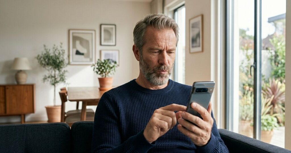 : uomo che legge opinioni sul telefono