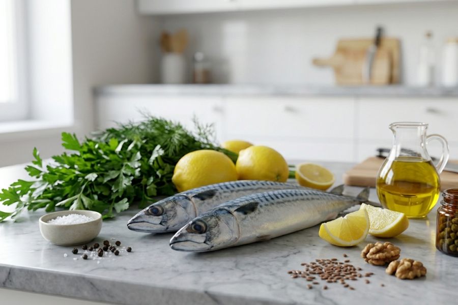 Pesce fresco ricco di omega 3 con limone e olio d’oliva consigliato per il colesterolo alto