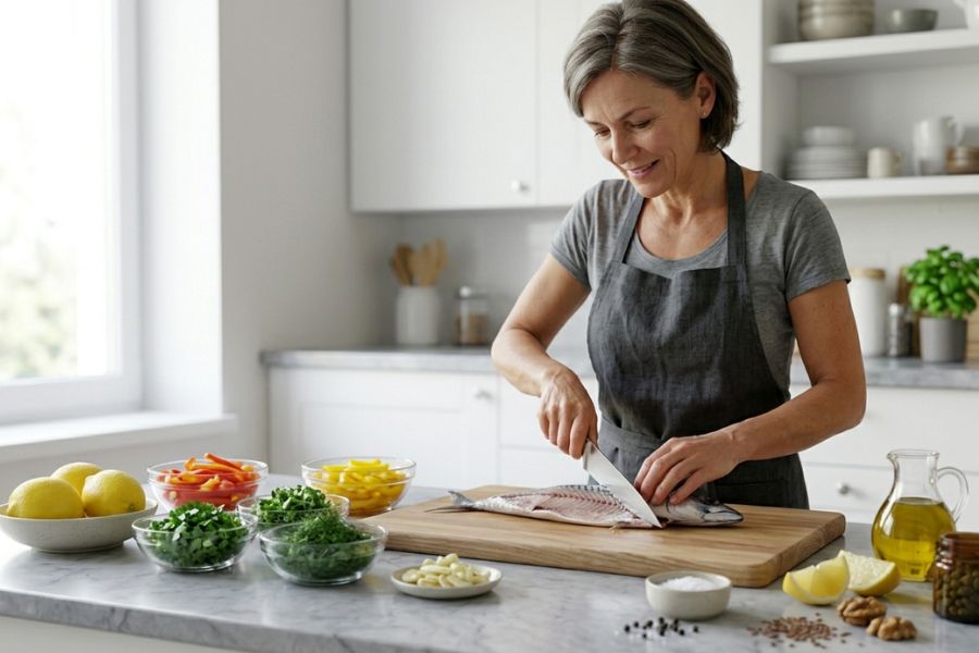 Persona che prepara pesce fresco in cucina come parte di una dieta per il colesterolo alto
