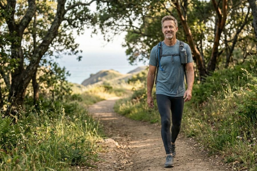 Uomo adulto che cammina nella natura come parte di uno stile di vita sano per il benessere del cuore