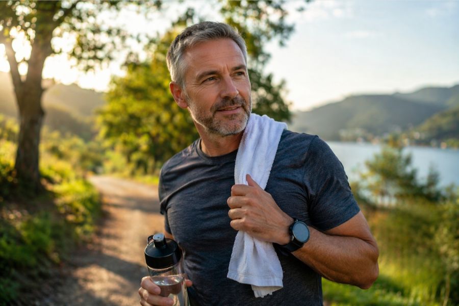 Uomo adulto dopo attività fisica in un contesto naturale come parte di uno stile di vita sano per il controllo del colesterolo