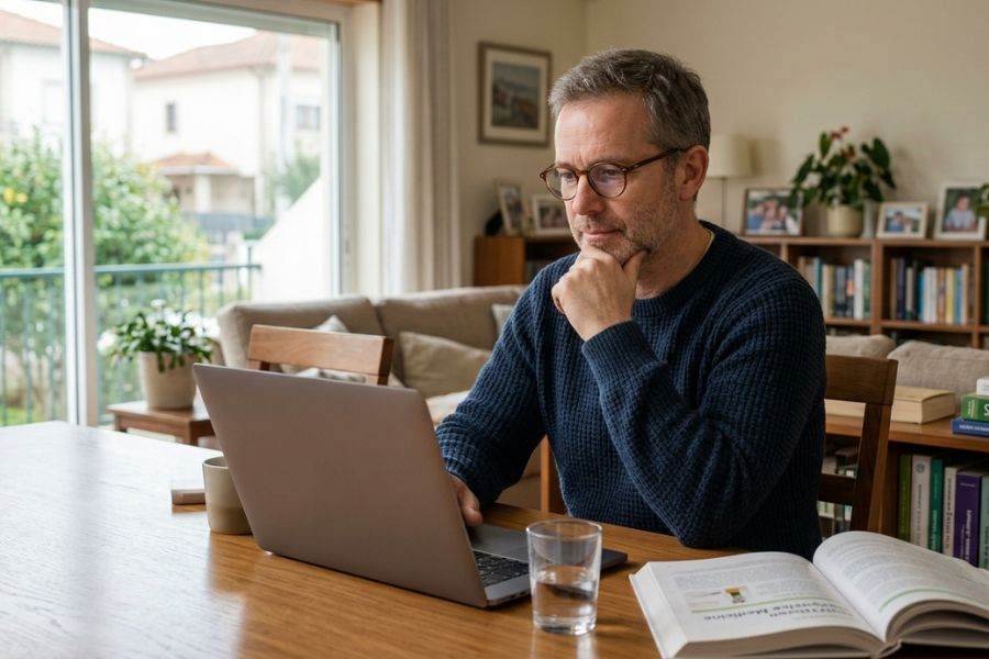 uomo adulto che cerca soluzioni per incontinenza urinaria online