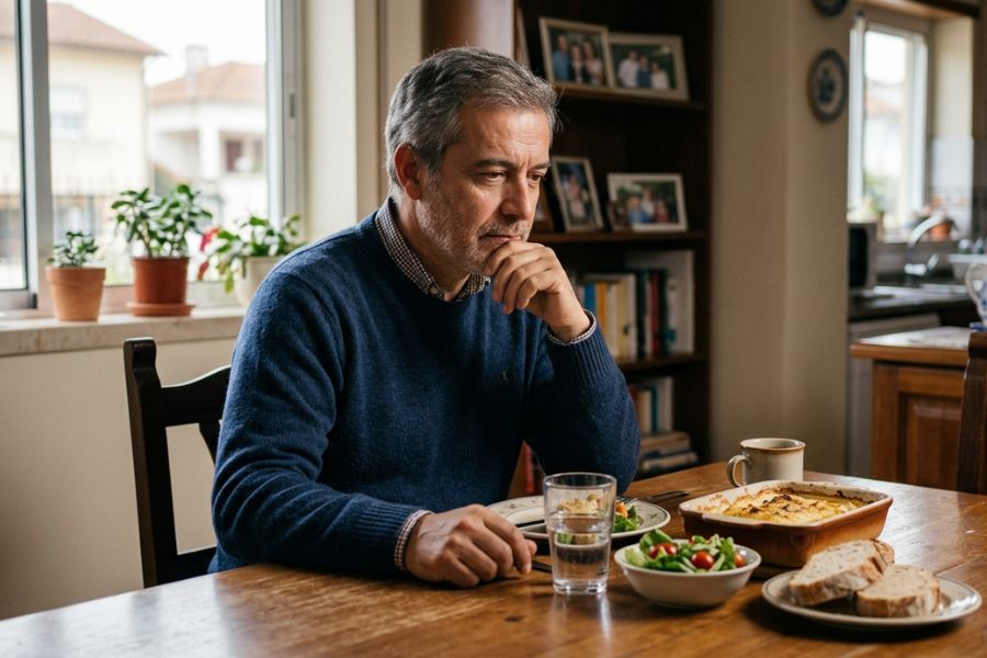 uomo adulto che valuta cosa mangiare