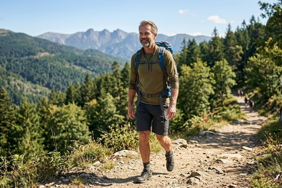 uomo adulto attivo e sicuro durante camminata nella natura